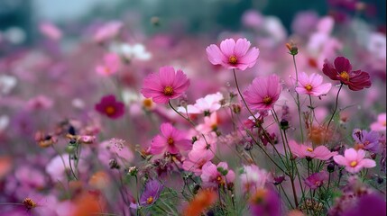 A vibrant field of cosmos flowers in soft pastel hues.