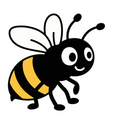 Cute cartoon bee with yellow stripes, black body, big eyes, and small smiling mouth. Vector illustration isolated on white background.