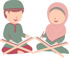 Muslim Children Studying Together, Islamic Education Illustration