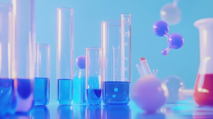 Colorful lab glassware filled with various liquids. Molecules float in the air