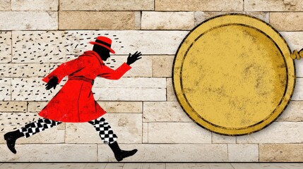 Vintage Comic Style Artwork Featuring a Dramatic Figure Running Against a Textured Wall Background in Retro Aesthetic