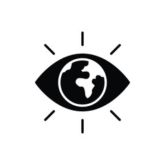 Global vision icon. Simple solid style. Eye with the earth in place of the iris, earth, world, globe, ecology, business concept. Black silhouette, glyph symbol. Vector illustration isolated.
