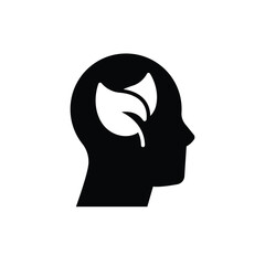 Green thinking icon. Simple solid style. Think green, nature and ecology, person head with leaves, plant, leaf, environment concept. Black silhouette, glyph symbol. Vector illustration isolated.