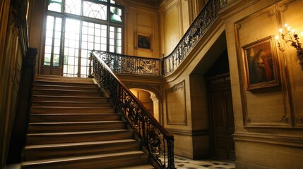 Obraz premium Grand staircase with wrought iron railing and marble steps in a refined home