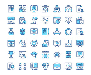 Business training icons. Vector line icon set. Modern outline design. Blue concept