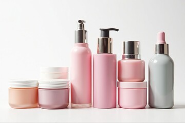 Various cosmetic containers on pure white backdrop , overhead, glossy