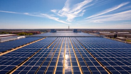 Large Rooftop Solar Panel Array Generating Renewable Energy