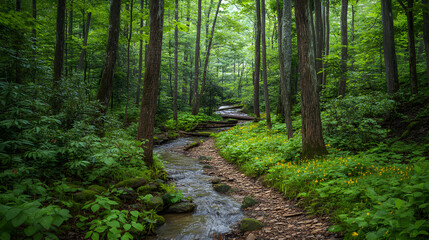 Obraz premium Enchanted Forest Path: A Journey Into Nature's Hidden Wonders Awaits Beneath the Majestic Canopies of Towering Trees Under the Sun's Gentle Gaze, Perfect for Adventurous Souls