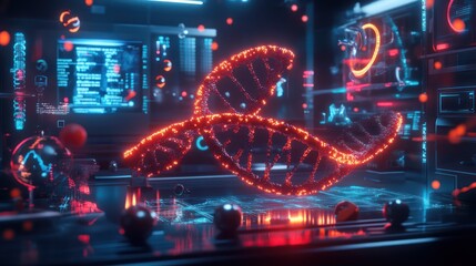 Futuristic DNA representation within a high-tech laboratory setting.  DNA strands are highlighted in glowing, fiery red, surrounded by digital displays, glowing spheres, and complex scientific imagery