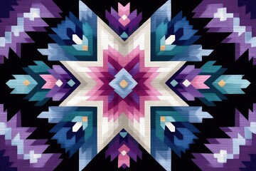 The digital art illustration features geometric patterns and colors commonly found in textile design, including stars and arrows with purple hues
