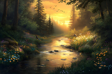 Obraz premium Tranquil Brook at Dusk: Embracing Nature's Serenity in a Verdant Forest