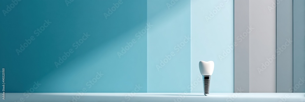 Poster minimalist view of a single tooth implant on a clean surface against a soft blue backdrop highlights