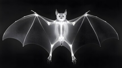 X-ray of a Bat's Wings: X-ray view of a bat with wings spread, highlighting the thin bones and wing structure in a stark contrast.

