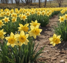 Obraz premium Close-up of cheerful daffodils, sunny day, vibrant colors, countryside setting, country, plant, closeup