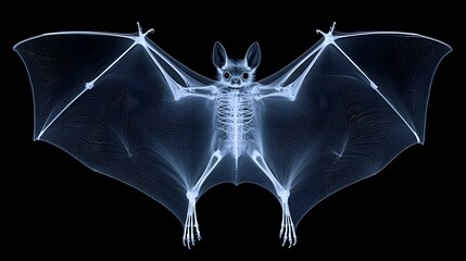 X-ray of a Bat's Wings: X-ray view of a bat with wings spread, highlighting the thin bones and wing structure in a stark contrast.
