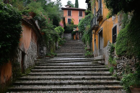 Old stone staircase in European town surrounded by lush greenery and warm lighting