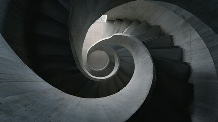 Intricate spiral staircase design in gray concrete.