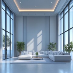 Spacious modern living room with ocean views.