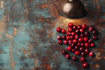 Top view of old rusty surface with metallic texture and scattered red berries