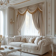Luxurious cream-colored living room with opulent drapes.