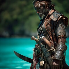 Embark on a Thrilling Pirate Adventure on a Tropical Island with a Machete in Hand Under Brilliant Sunshine