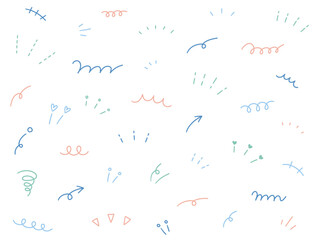 手書きの飾りイラストのベクターイラストセット。手描き、集中線、注目、矢印