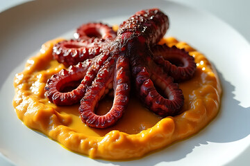 Fototapeta premium Sizzling grilled octopus dish gourmet restaurant food photography elegant setting close-up view