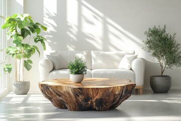 Modern, minimalist living room interior design with natural wood coffee table.