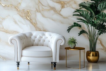 Luxurious white armchair in a marble-patterned room.