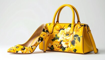 yellow handbag and shoes, matching, white background