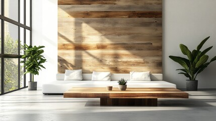 Modern living room with wooden accents and natural light.