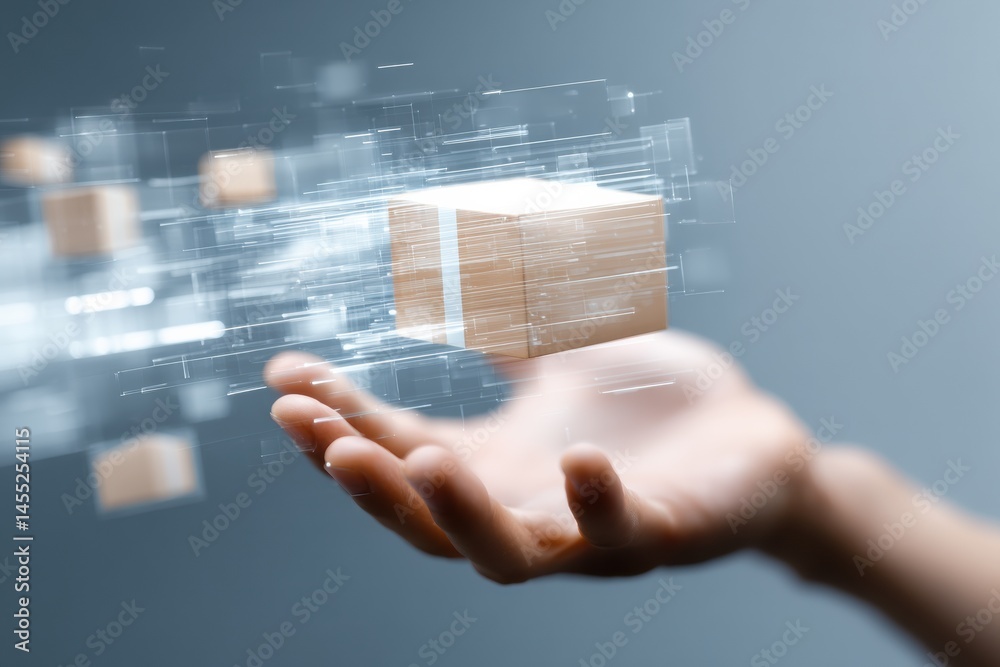 Aufkleber human hand reaching into digital portal to grab a floating parcel in a futuristic setting generative