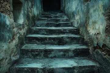 Staircase in dark moody hallway with peeling blue paint and mysterious vibe