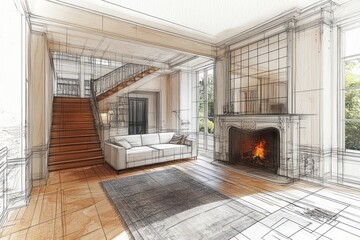 Detailed architectural drawing of a grand interior room.