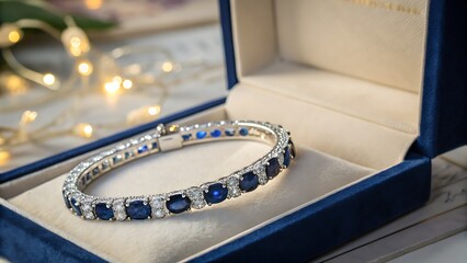 Close up of a sapphire and diamond bracelet in a blue velvet box