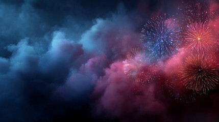 Abstract firework background with vibrant bursts of light radiating across a dark sky, leaving large empty space for text, symbolizing joy, celebration, and new beginnings.

