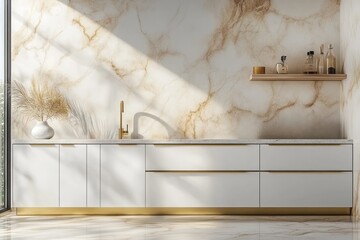 Modern kitchen with a marble backsplash and natural light.
