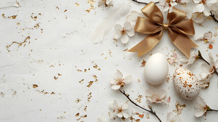 Elegant Easter arrangement with golden bow, blossoming branches and speckled egg