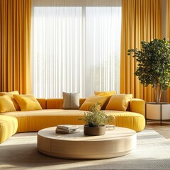 Modern living room interior design with yellow accents.