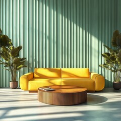 Modern living room scene with vibrant yellow sofa.