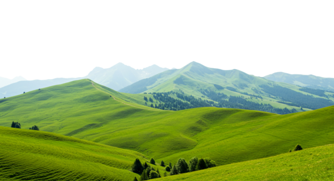 Rolling Green Hills Landscape with Distant Mountains and Trees