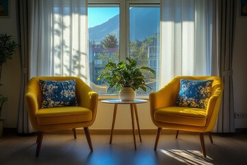 Cozy living room interior with yellow armchairs and view.