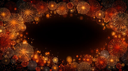 Abstract firework background with vibrant bursts of light radiating across a dark sky, leaving large empty space for text, symbolizing joy, celebration, and new beginnings.

