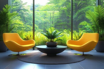 Modern, vibrant lounge area with lush greenery view.