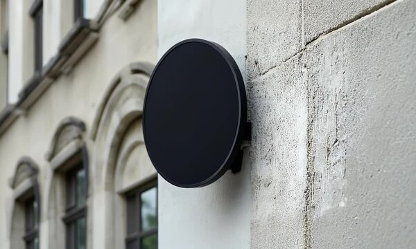  Close-up of a black, round, blank sign on the side wall of an elegant building in Paris. This image can be used as a mockup or template