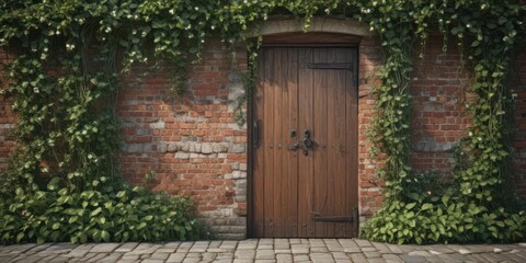 Fototapeta premium Rustic brick wall, overgrown wooden door, climbing ivy , facade, design, architecture