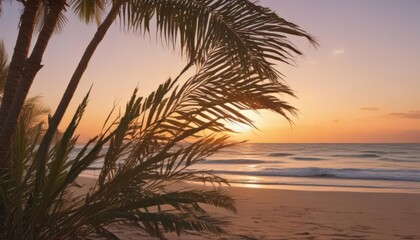 Fototapeta premium Vibrant sunset casts warm glow on sandy beach; palm fronds sway in soft breeze; film-like texture , relaxation, waves, texture