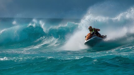 Feel The Adrenaline Rush With Jet Skier In Fluorescent Vest Poster Capturing High-Speed Ocean Thrills