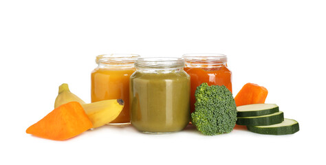 Baby food. Tasty puree in jars and ingredients on white background