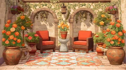 Create Tranquil Garden Alcove With Cozy Armchairs Set On Patterned Tiles For Ultimate Outdoor Sanctuary